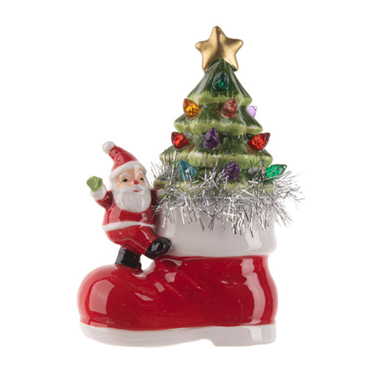 Light Up Ceramic Santa w/Tree in Boot Figurine