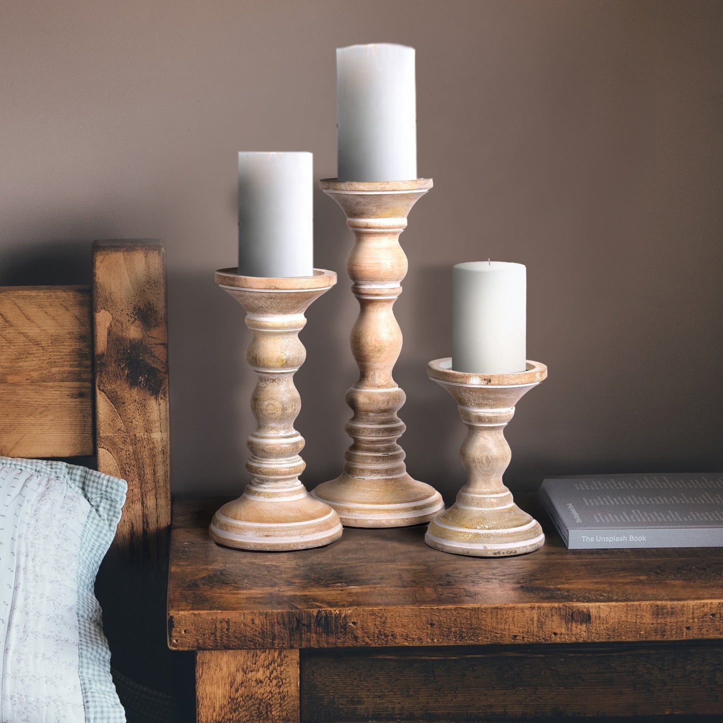 Willow Rustic White Pillar Candleholder Set