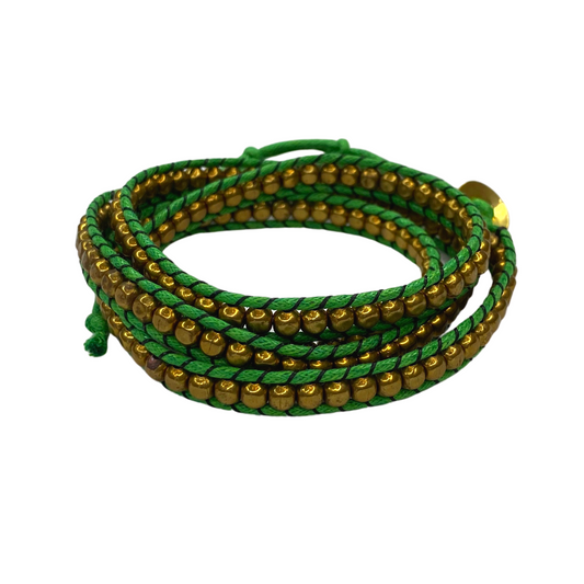 Lime Green & Brass Beads 5-Wrap Bracelet - Thailand