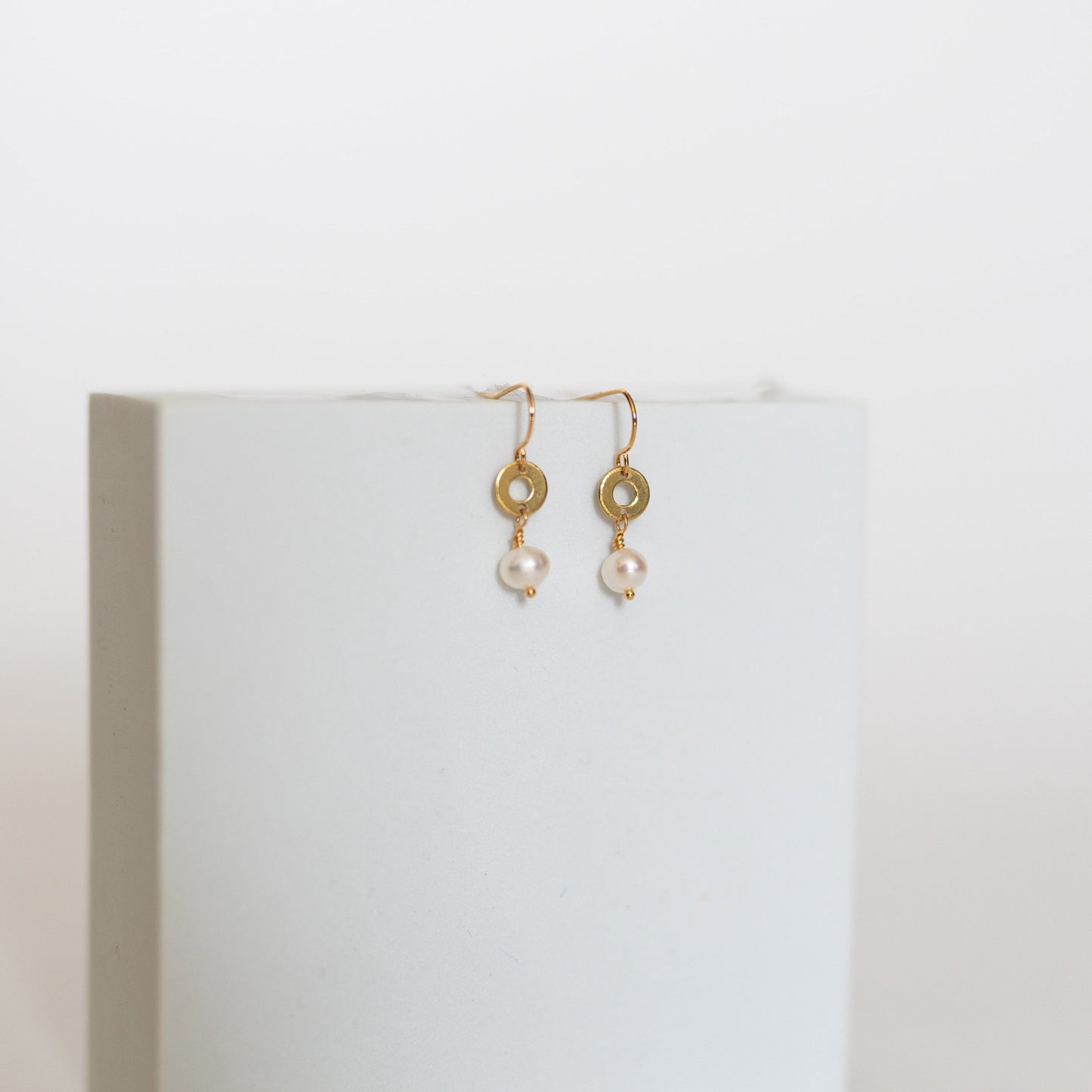 Promise Drop Earrings | Freshwater Pearl & Repurposed Brass Auto Parts | Gold Plated Ear Wire