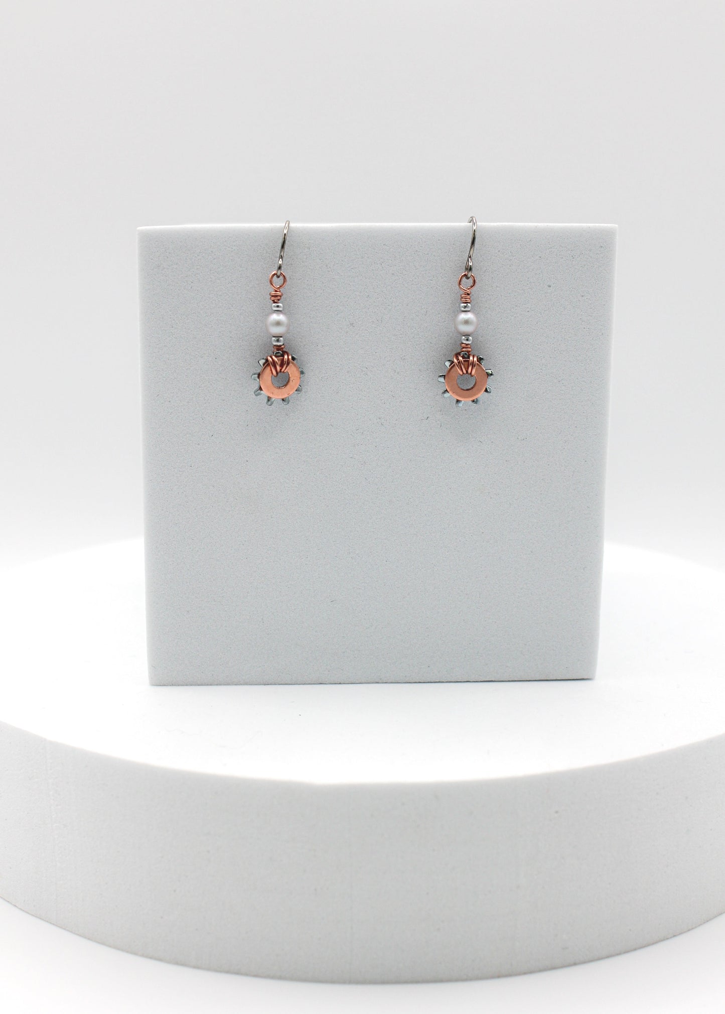 Shine Earrings | Repurposed Copper & Steel Auto Parts | Crystal Pearls | Stainless Steel Ear Wire