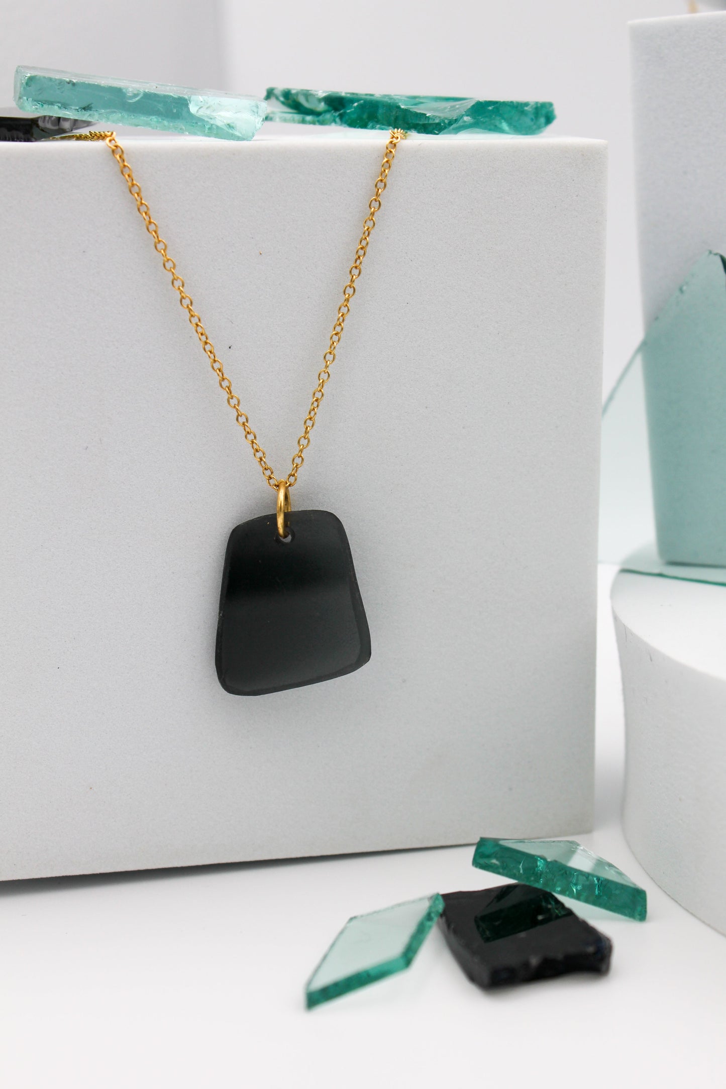 Visions Black Glass Necklace | Repurposed Automotive Windshield Glass | Adjustable Gold Plated Chain