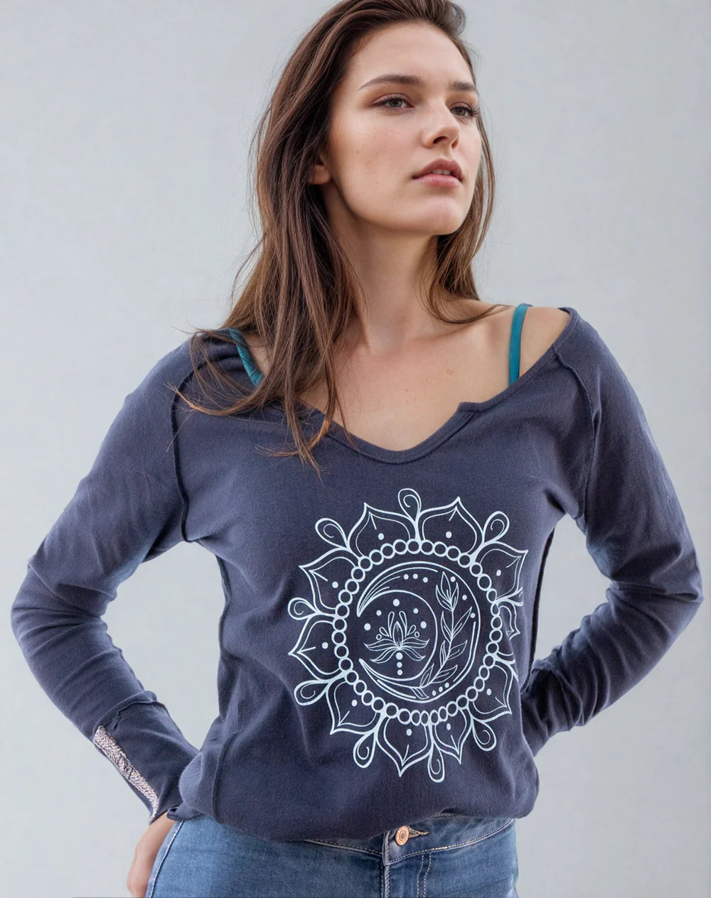 Moon Mandala Navy Cotton V-Neck