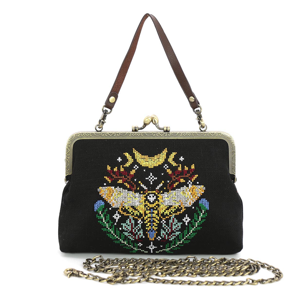 Skull Head Moth Vintage Kisslock Handbag in Linen Blend