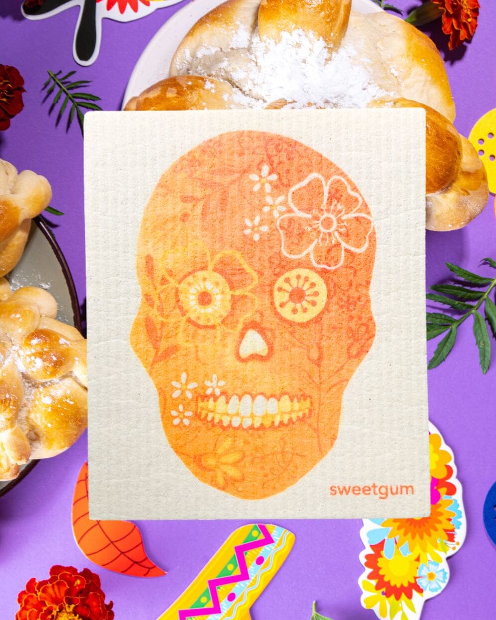 Orange Flower Skull Swedish Dishcloth | Halloween & Dia de los Muertos