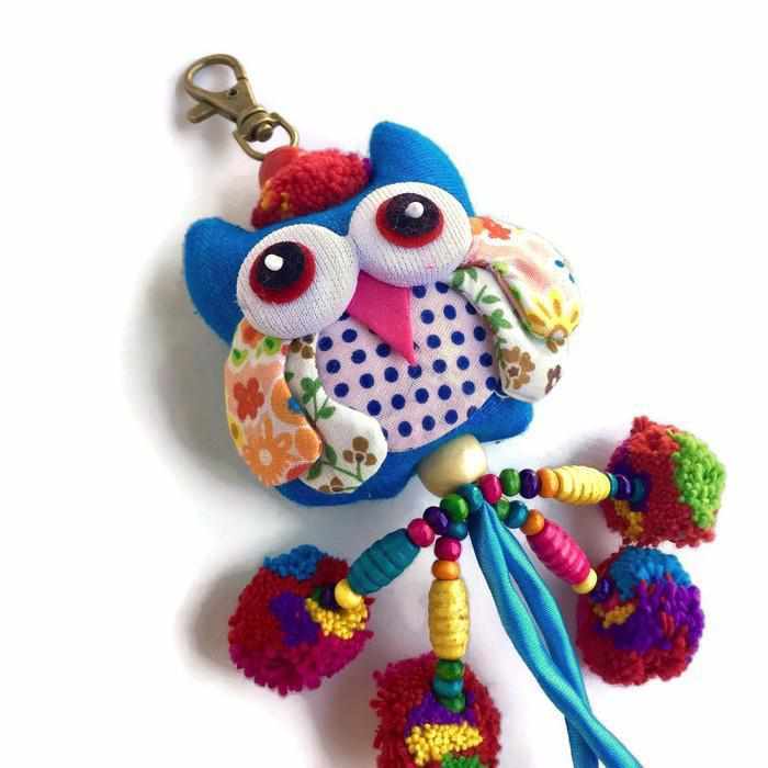 Owl Pom Pom Keychain | Handmade Bag Charm with Zipper Pull – Thailand