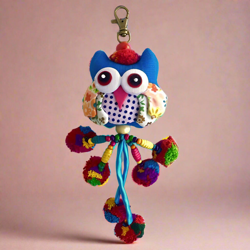 Owl Pom Pom Keychain | Handmade Bag Charm with Zipper Pull – Thailand