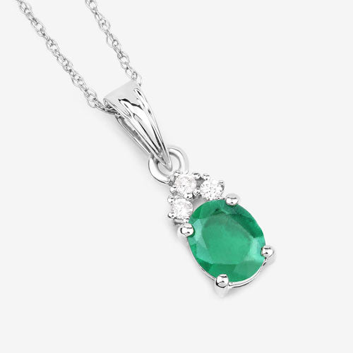 0.64 Carat Genuine Zambian Emerald and White Diamond 10K White Gold Pendant