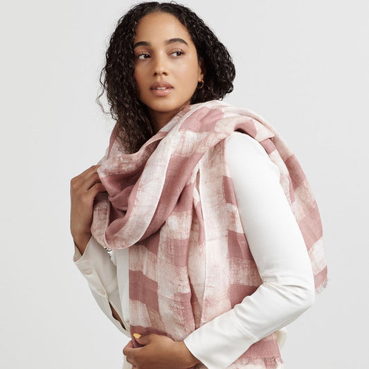 Salmon Pink Wax Block Printed Hand Woven Linen Scarf