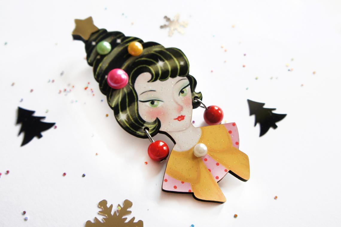 Pin up Lady with Christmas hairstyle Brooch by Laliblue