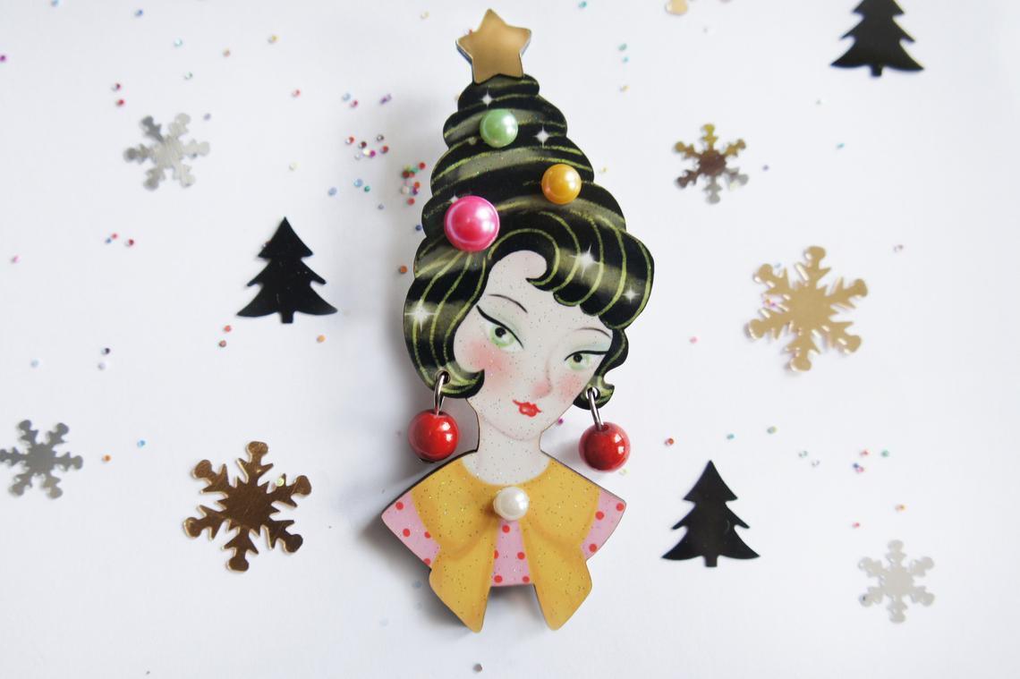 Pin up Lady with Christmas hairstyle Brooch by Laliblue
