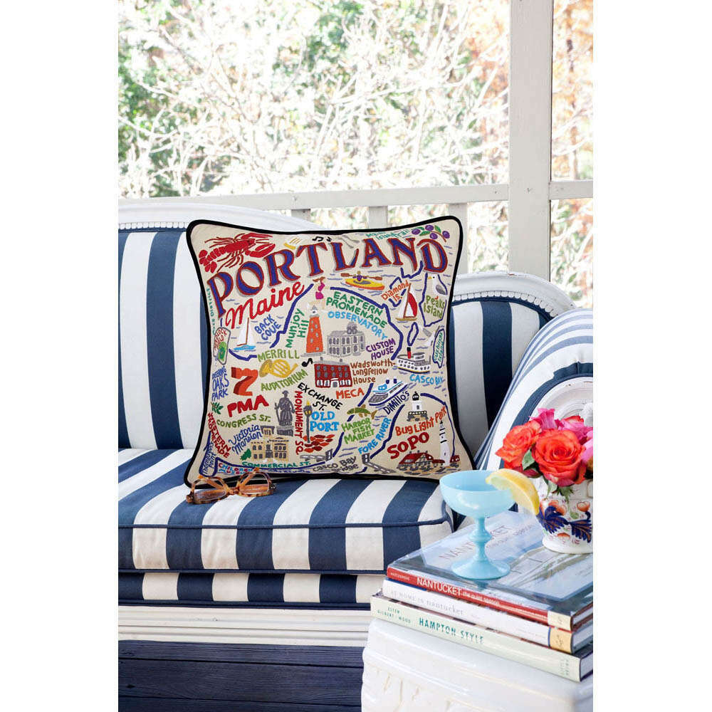 Portland, ME Hand-Embroidered Pillow by CatStudio