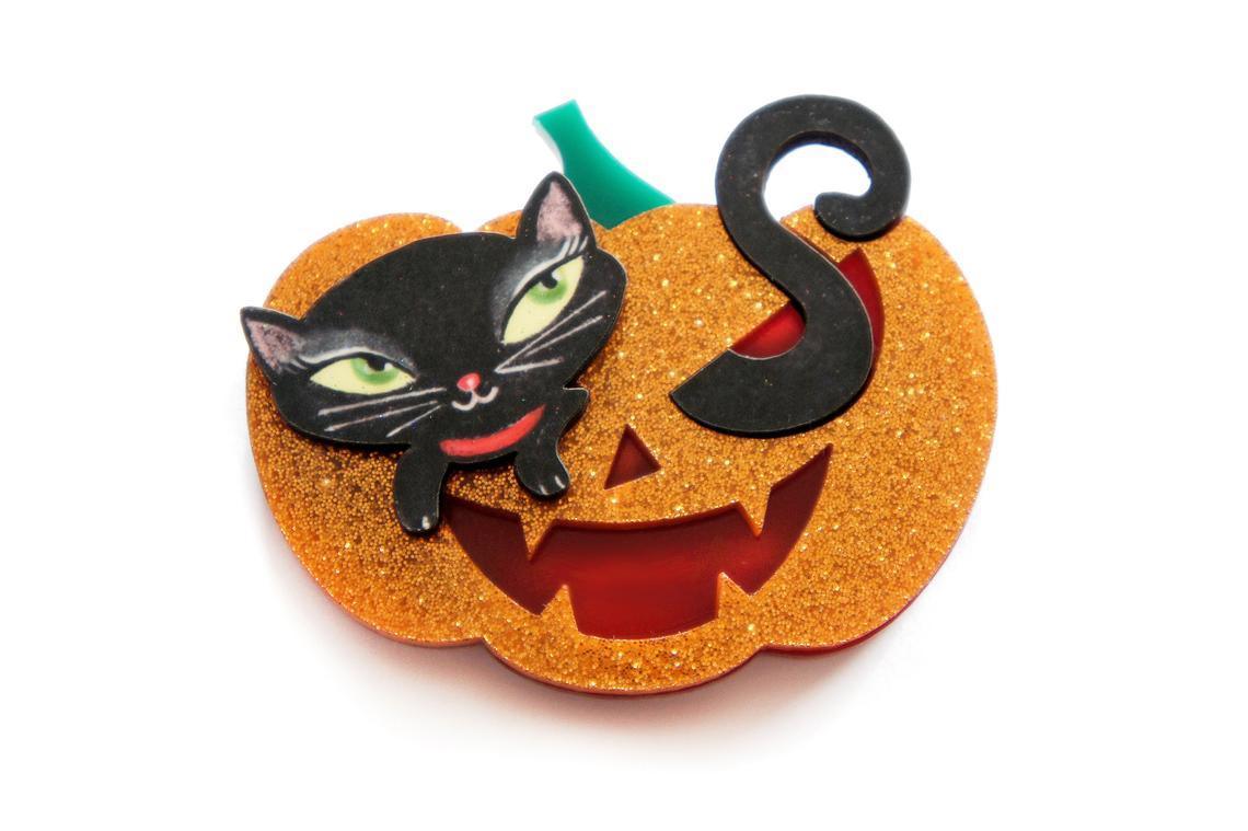 Pumpkin with Black Kitten Brooch by Laliblue