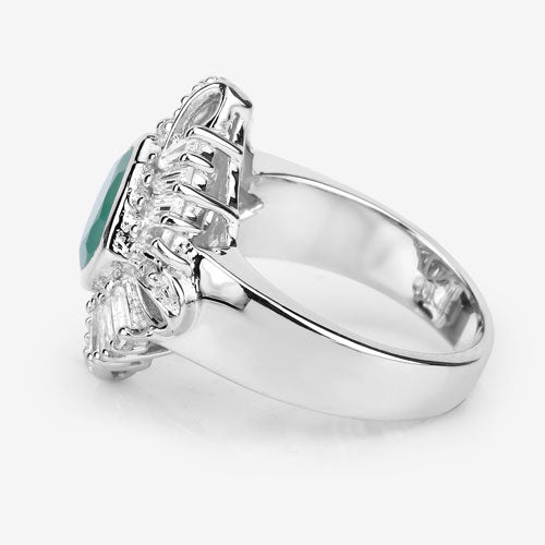"2.57 Carat Genuine Emerald, White Topaz and White Diamond .925 Sterling Silver Ring