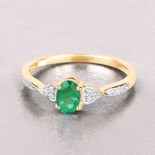 0.49 Carat Genuine Zambian Emerald and White Diamond 10K Yellow Gold Ring