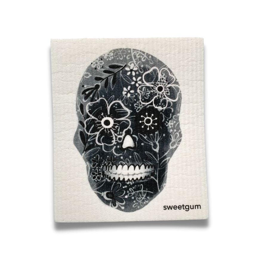 Black Flower Skull Swedish Dishcloth | Halloween & Dia de los Muertos