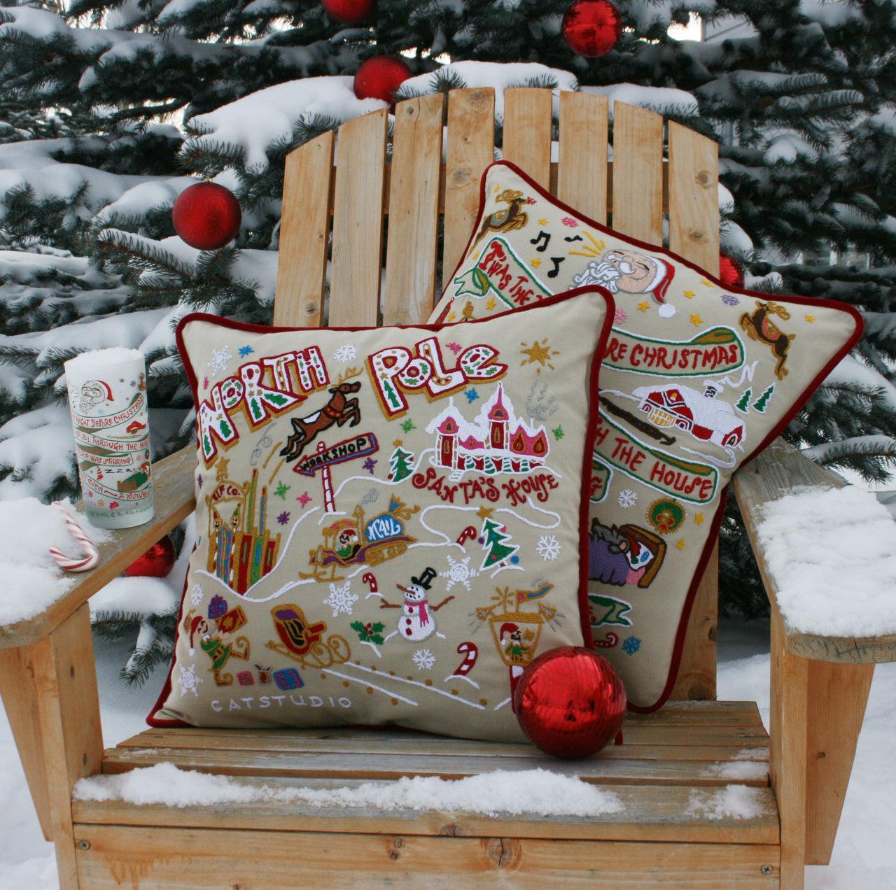 South Pole Christmas Hand-Embroidered Pillow