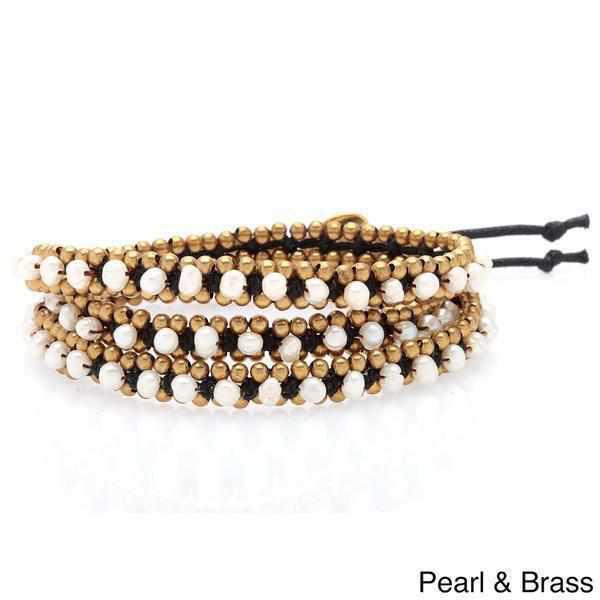 Stone and Brass Beads Three Wrap Bracelet - Thailand