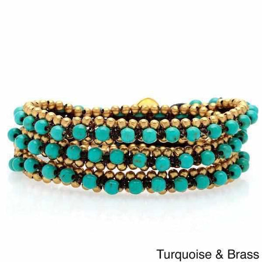 Stone and Brass Beads Three Wrap Bracelet - Thailand