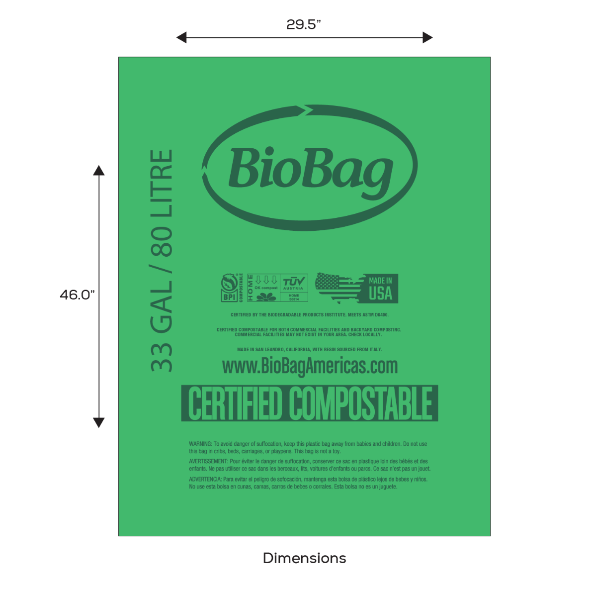 BioBag 33 Gallon Compostable Bags 29.5x46" (QTY 120), SKU 33G3046
