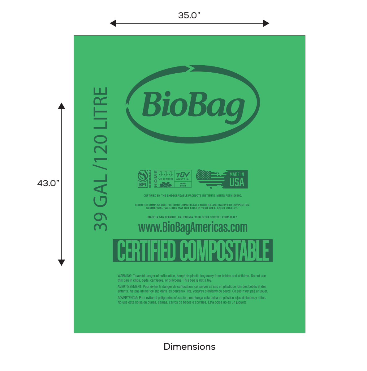 BioBag 39 Gallon Compostable Trash Liners, 35 × 43 in, 0.88 mil, Green (QTY 120), SKU 39G3543