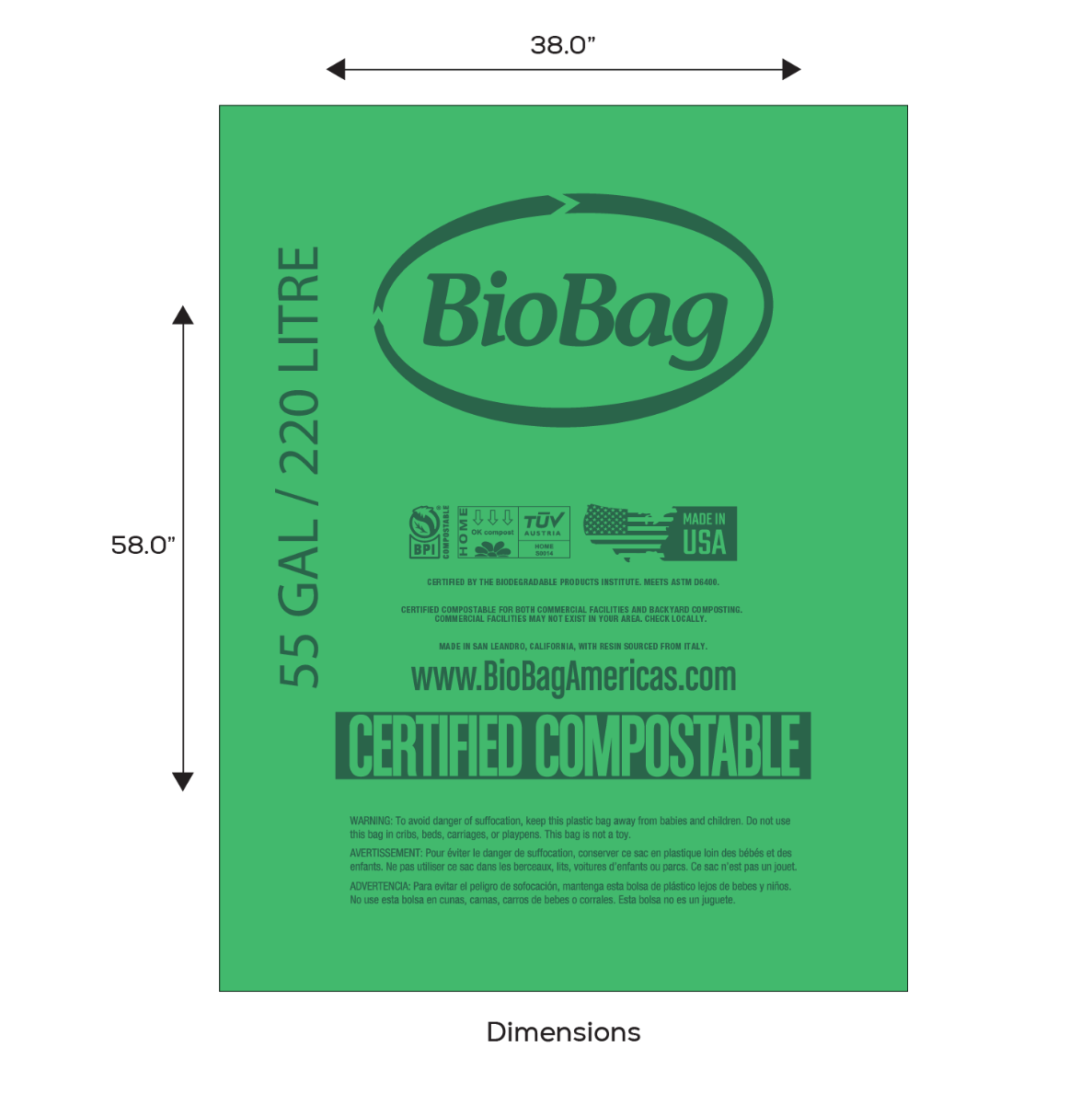 BioBag 55 Gallon Compostable Bags 38x58 Green (QTY 80), BPI Certified, SKU 55G3858