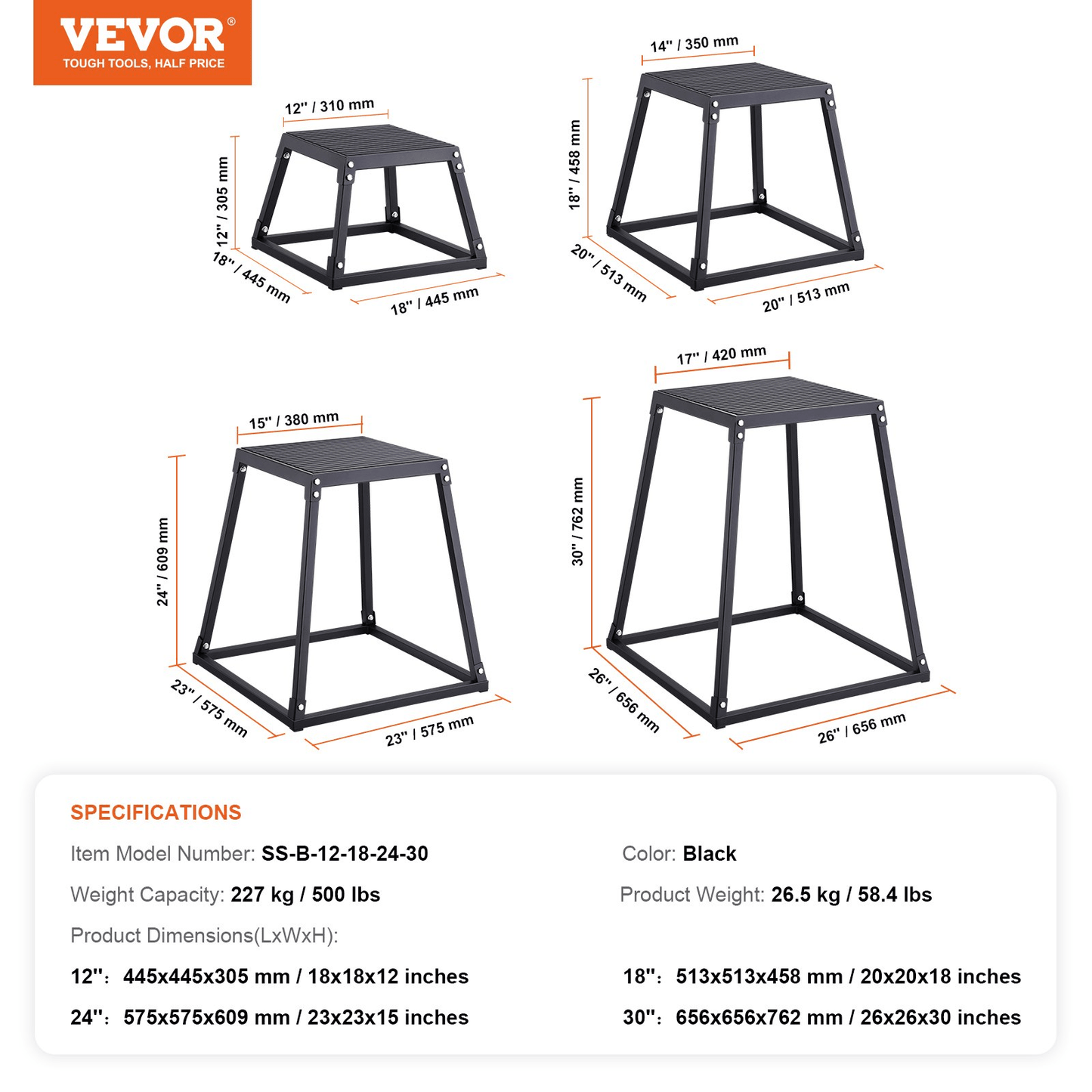 VEVOR Plyometric Jump Box Set, 12 18 24 30 Inch, Anti-Slip Steel Plyo Boxes for Home Gym Agility and Strength Training, 500 lb Capacity, Black - Osadia Concept Store